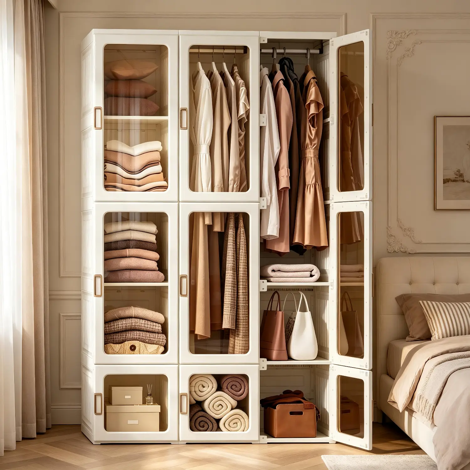 ANTBOX Compact Armoire Wardrobe Closet - Portable Transparent Foldable Plastic Bedroom Armoire with Magnetic Doors, 2 Hanging Rods, Easy-Assembly Space-Saving Closet Storage System for Apartment & Dorm Room, Bedroom Armoire Closet