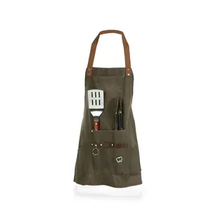BBQ Apron with Tools & Bottle Opener, (Khaki Green with Beige Accents)