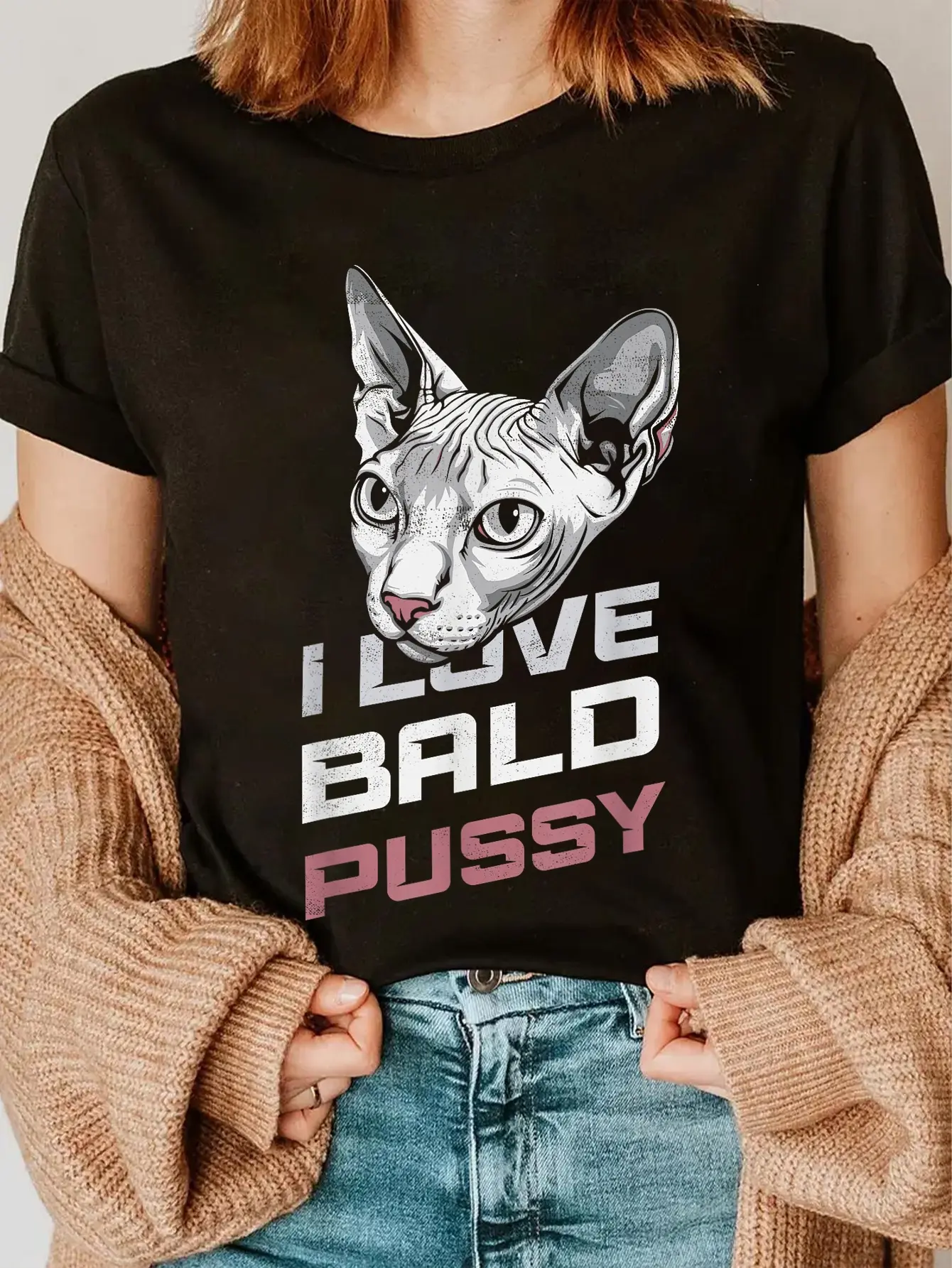 Women's 100% Cotton Short-Sleeve Round Neck Casual Everyday Graphic T-Shirt - Cute Bald Kitty Art, Humorous Vibe, All Seasons Top for Sphynx Cat Lovers, Vintage Style