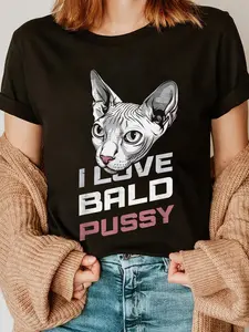100% Cotton I Love Bald Kitty Humor Tee Funny Sayings Sphynx Cat Lover T-Shirt