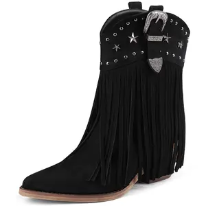 RONILURN Women Cowgirl Cowboy Boots, Western Ankle Fringe Boots Pointed Toe with Star Studs & Buckle, Retro Suede Short Pull Off Boots with Chunky Heel for Music Festivals & Concerts