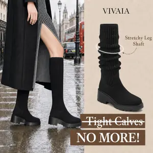 VIVAIA Women/Girls Round-Toe Knee-High Platform Chunky Wedge Boots, Celeb Fav Boots (Eduarda)