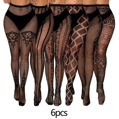 6/1 Pack Black Fishnet Stockings - High Waisted Suspender Tights Bundle - Sexy Mesh Bodystocking Value Set