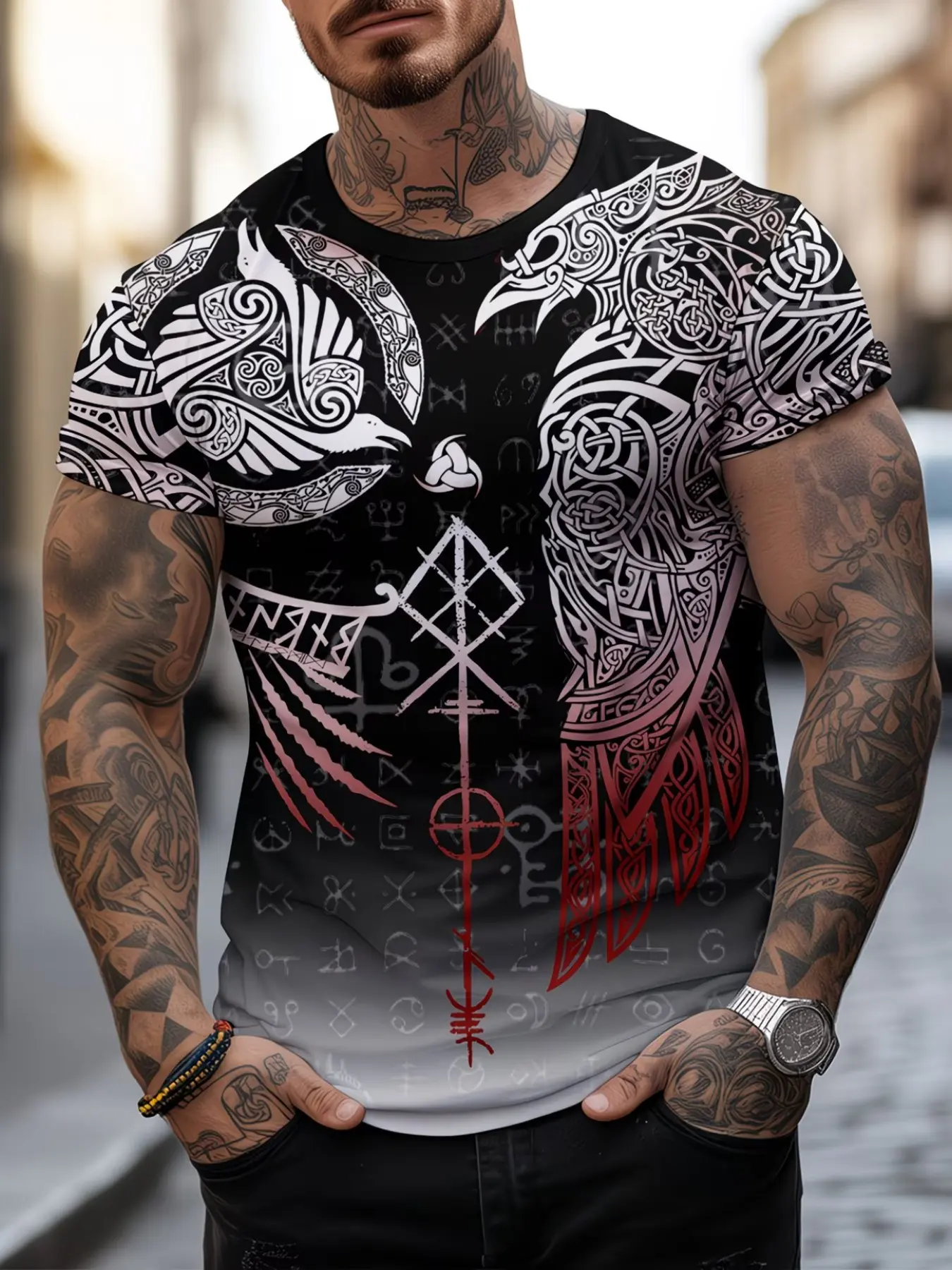 Men's Creative Classic Viking Pattern 3D Printed Short Sleeve T-Shirt, Casual Round Neck, Fitted, All Seasons, Short Sleeve, All over Print
