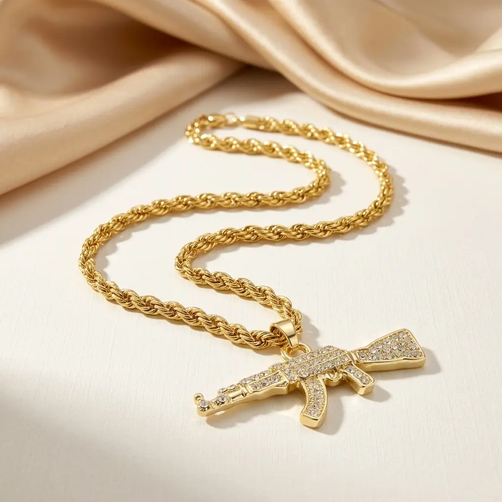 Iced Mini Gun Pendant with 3mm Rope