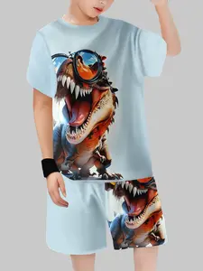Funny Sunglasses Tyrannosaurus Rex 3D Printed Kids Short Sleeve Set, Summer Boys Fun Two-Piece, Breathable Casual Clothing