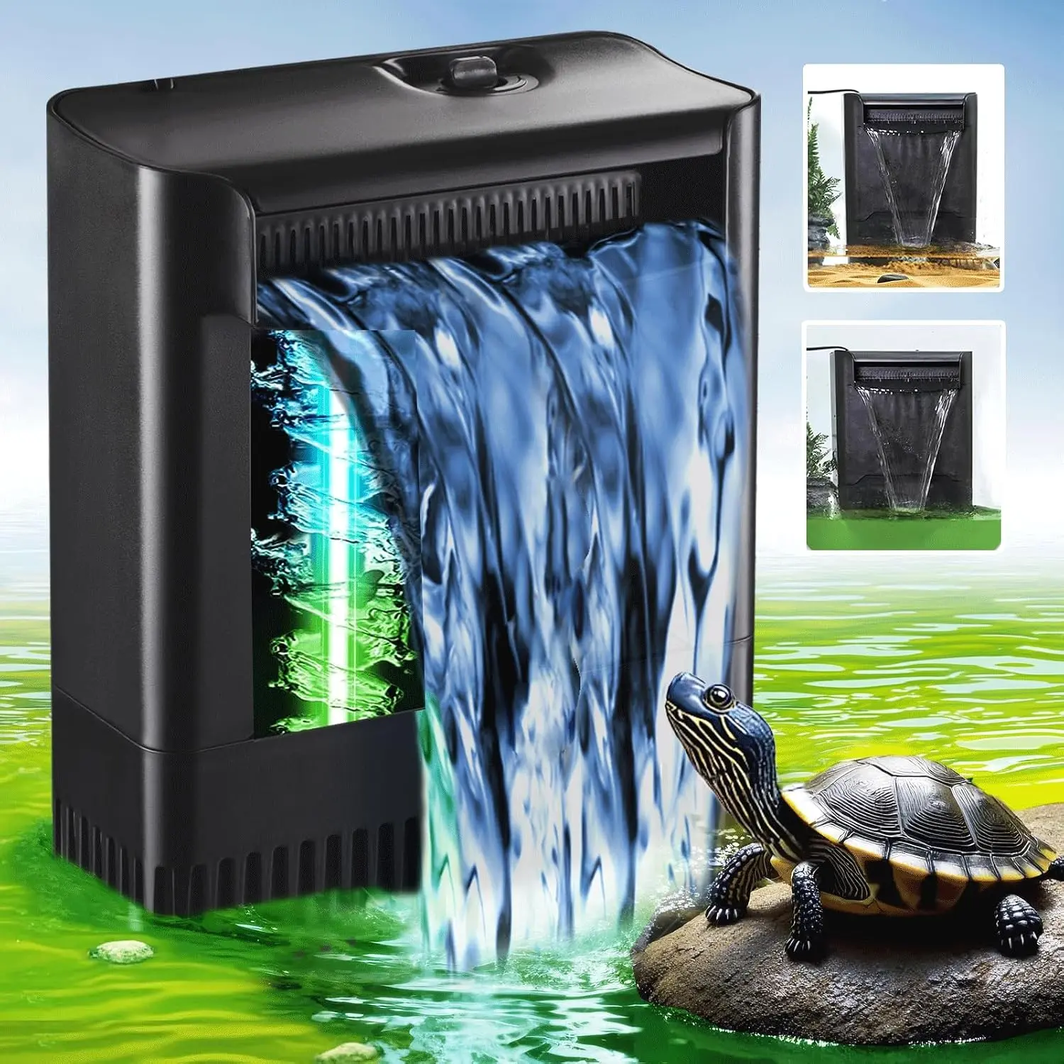 Large Powerful Turtle Tank Filter UV-ery for 40-155 Gal, Low Water Filter Turtle Water Filter for Amphibians Frog Fish Fresh Saltwater  Turtle Tank Deodorization | Low water level (2.6 IN) available | Kill algae
