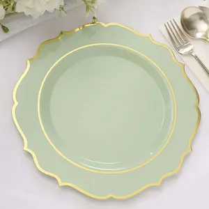 10-Pack Plastic Round Dinner Plates 10" Sage Green with Gold Scalloped Rim - Disposable Party Plates