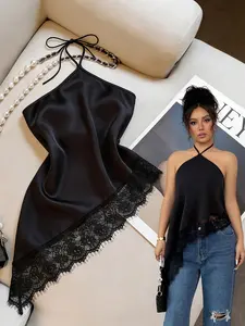 Summer New Women's Halter Neck Tie Backless Lace Trim Camisole Top, Sexy Sleeveless Bodycon Blouse, Suitable For Party, Cocktail, Formal Occasions And Business Casual, Women Beach Outfit