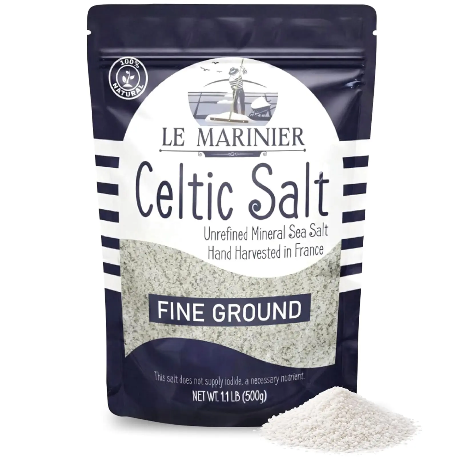 Le Marinier Celtic Salt Organic Fine Ground, 1.1lb - 18oz. Mineral Rich. 100% Natural and Unrefined. French Sea Salt Organic Vital Minerals. Hand Harvested Mineral Salt (1.1lb Fine Ground)