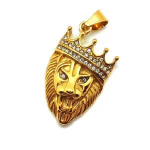 Bling Hip Hop Crown Lion Head Pendant Necklace Gold Plated Titanium Steel with CZ Stones for Men Women Hypoallergenic Durable Jewelry