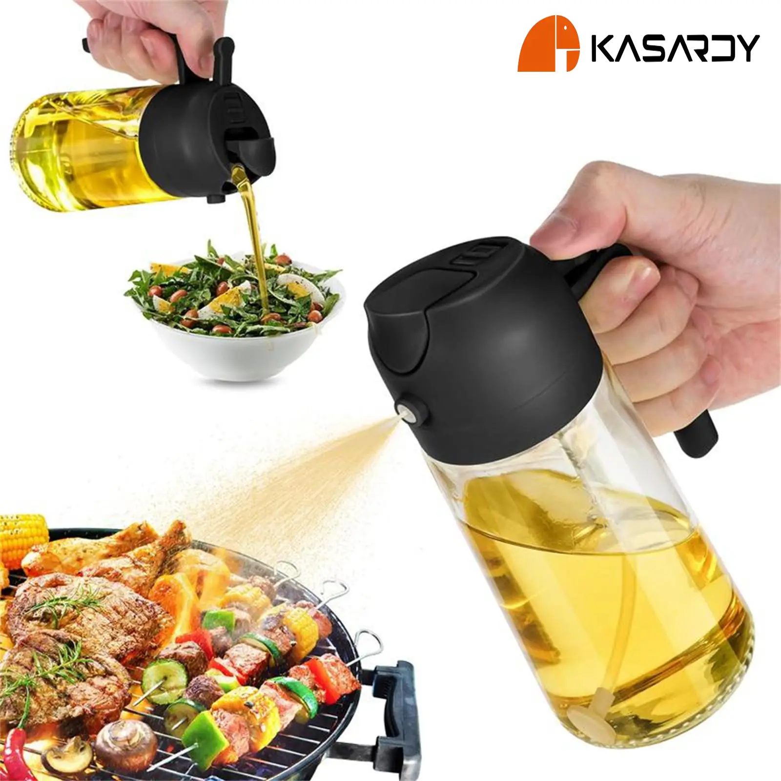 Kasardy Oil Dispenser Bottle for Kitchen - 2 in 1 Olive Oil Dispenser and Oil Sprayer - 470ml Olive Oil Bottle - Oil Sprayer for Cooking, Kitchen, Sal