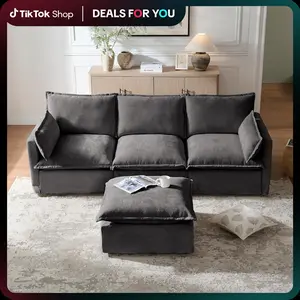 93 Inch L-Shaped Couch Sofa with Ottoman, Modular Sectional Sofa with 4 Seats and Pillows for Living Room, Modern Minimalist Chenille Fabric Large Comfy Cloud Furniture DIY Combintion (Gray-93inch)