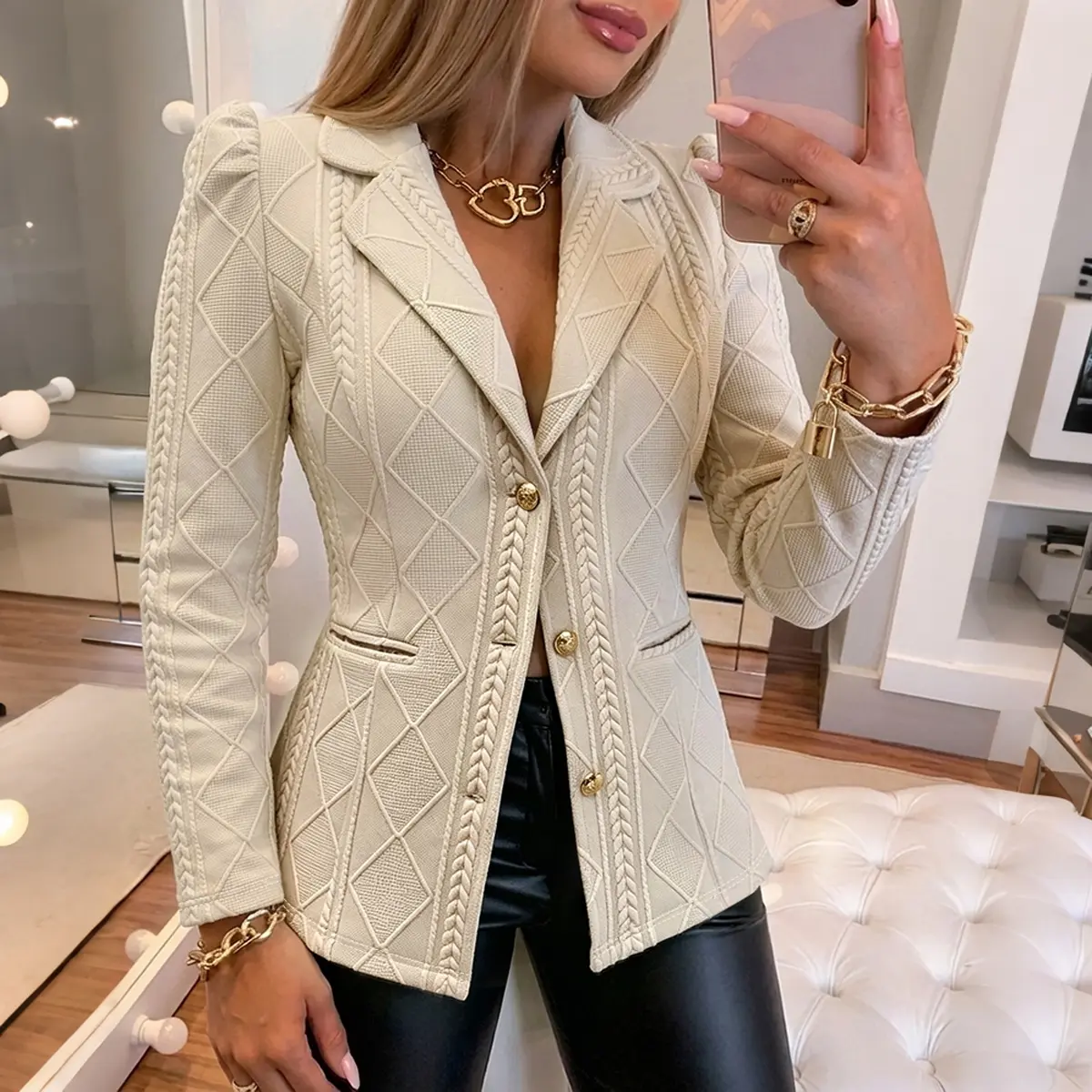 CHICME Women's Elegant Argyle Textured Blazer Slim Fit Puff Sleeve Suit Jacket Gold Button Work Office Commuter Blazer with Pockets