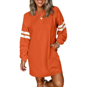 Mntaor Women's Winteroutfit Varsity Sweatshirt Dress - Crew Neck Contrast Banded Sleeves with Pockets for Campus & Game Day Events Casual Womenswear