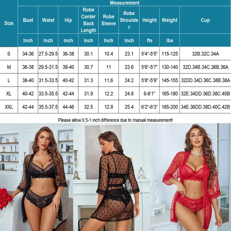 Avidlove Women Lingerie Set 3 Piece Lace Kimono Robe with Bra and Panty Nightgown Sleepwear