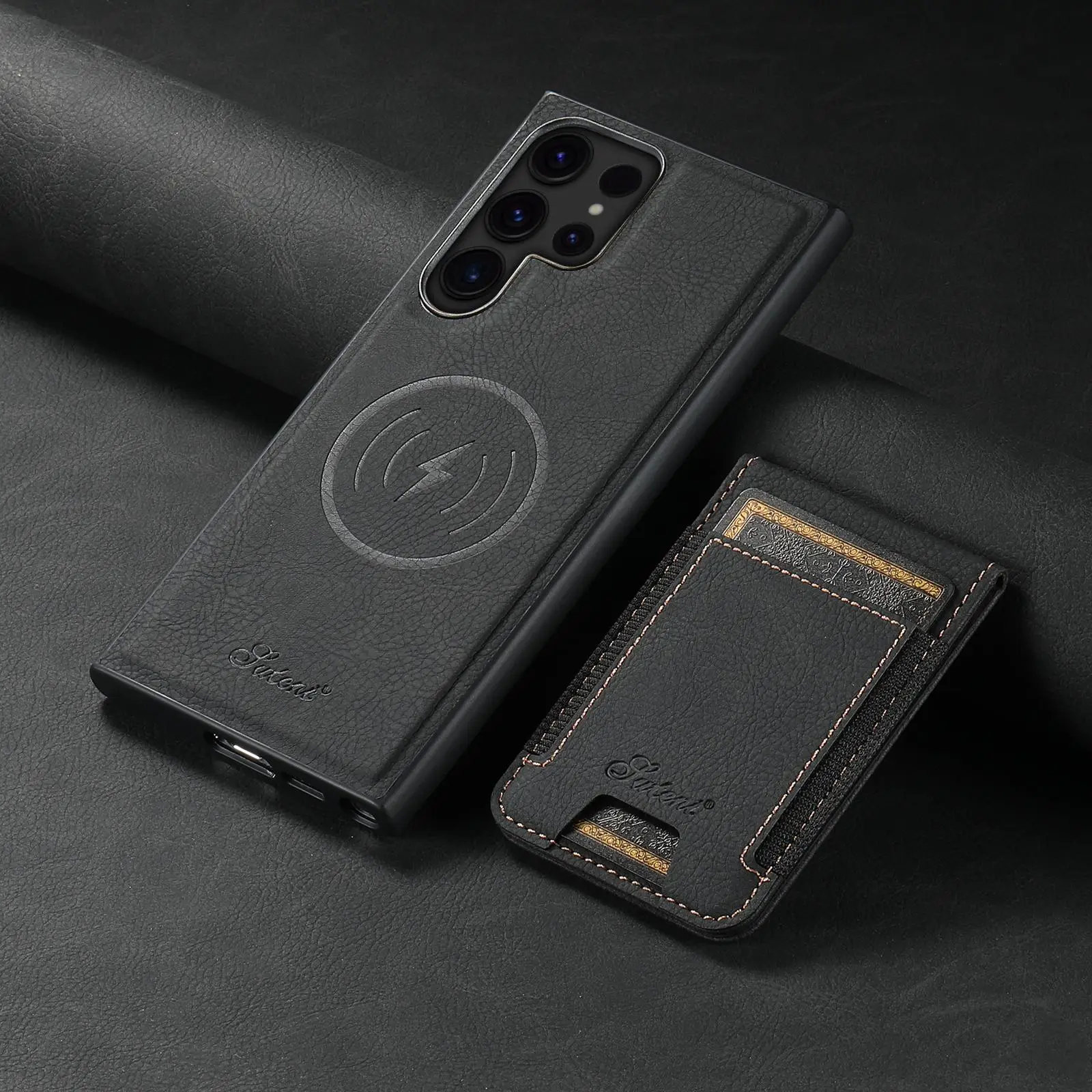 SUTENI Summer Wireless Charging Unique Phone Cases with Card Slot for MagSafe, Solid Color Mobile Phones Cases, Shockproof 2-in-1 Elastic Card Holder