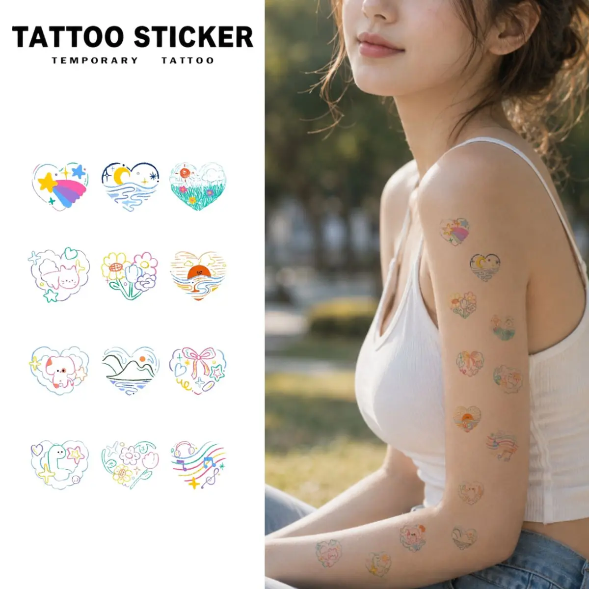 Temporary Tattoo Color Line Heart Cartoon Landscape Mini Series Fake Tattoo Stickers, 12 Patterns 2 Sheet Pack, Semi-Permanent Durable Waterproof, Pastel Cute Realistic Look For Women Students, Perfect For Daily Travel Picnic Body Art - Temporary Tattoos