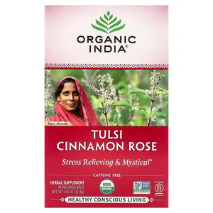 Organic India Tulsi Cinnamon Rose Tea, Caffeine-Free, 18 Infusion Bags, 1.14 oz (32.4 g)