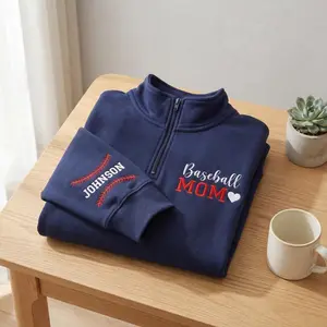 Embroidered Baseball Mama Quarter Zip Sweatshirt, Personalized Name Sleeve, Sports Mom Hoodie, Sports Mom Spirit Crew
