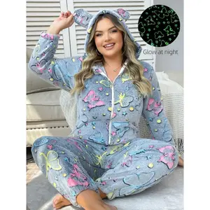 NewPlus Size Women's Glow-in-the-Dark Butterfly Pattern Onesie Pajamas - Cozy & Warm Polyester Hooded Sleepwear with Zipper, Perfect for Autumn/Winter Nights, Plus Size Pajamas