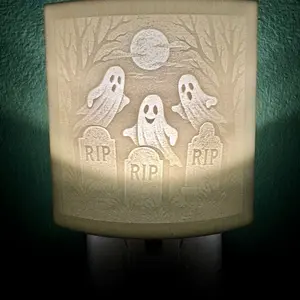 Graveyard Glow Ghost Nightlight – Plug-In Halloween Light with 3D Printed Cover, Base & C7 Bulb Included