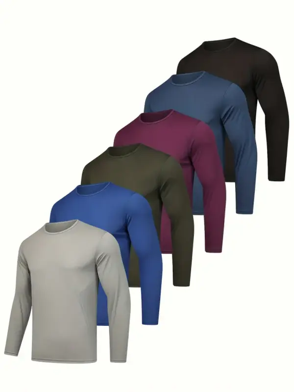 MTTYYD Men's 6 Pack Long Sleeve Sports T-Shirts, Breathable Quick-Dry Polyester Crew Neck Tops for Running & Outdoor Sports, Long Sleeve Shirt