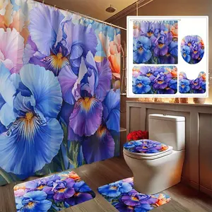 4pcs Valentine's Day Vow Violet Flower Shower Curtain Set, Bathroom Decor Set Includes Printed Shower Curtain, Non-Slip Bath Mat, Toilet Lid Cover, Bath Mat and 12 Plastic Hooks, Bathroom Accessories, Home Decor