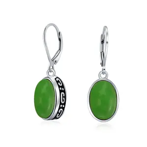 3.2CT Oval Green Jade Drop Earrings Scroll Bezel Set Edge .925 Sterling Silver Lever-back