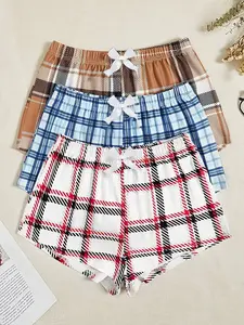 Women's 3-Piece Plaid Striped Shorts Set with Bowknot, Simple Retro Design, Casual Wear, Bottoms, Unisex Fashion, Perfect for Relaxing Days