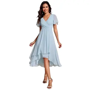 Elegant V Neck Flutter Sleeve Summer Party Dress Solid Color Chiffon Formal Evening Gown for Women Cocktail Dress Flowy A Line Maxi Dress for Wedding Guest Beach Party Night Out Outfit