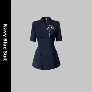 Women's Elegant Mandarin Collar Blazer, Navy Modern Qipao Style Workwear Jacket