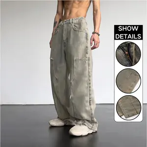Retro Loose Fit Utility Jeans for Men - Distressed Acid Wash Wide Leg Pants with Functional Pocket Details