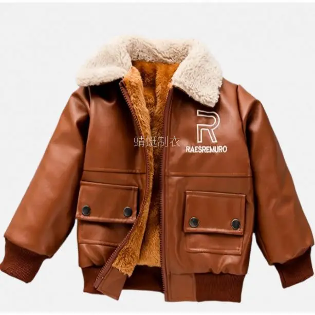 Boys' Polyurethane Moto Jacket - Warm Fleece Lining, Casual Long Sleeve Full Zip Outerwear, Clothes with Number Patch & Alphabet Print, Child Size Coats for Fall Winter