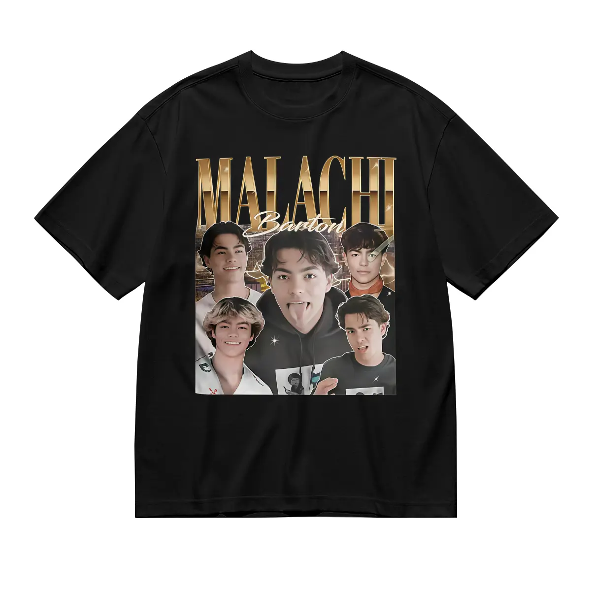 Unisex Malachi Barton Vintage Bootleg T-Shirt, Black Crewneck Celebrity Collage Portrait Graphic Short Sleeve Tee