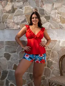 Plus Size Tankini Two-Piece Set, Tankini With Shorts, V Neck Ruffle Top, High Waist Cover-Up, Floral Print, Outdoor Party Elegant Style, Perfect for Independence Day