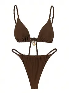 Trendy Braided Tie-Back Shell Bikini, High Cut Split Swimsuit, Sexy Beachwear, Triangle Cup, Separate Swimwear for Women