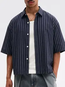 Men's Navy Striped Cropped Short Sleeve Shirt, Y2K Streetwear Retro Striped Button Down Shirt, Summer Loose Fit Striped Cropped Casual Shirt, For Daily Wear, Casual, Cleanfit, Men's Retro Streetwear #springsaledeals2026 #summeroutfits #tiktokshopmademebuy