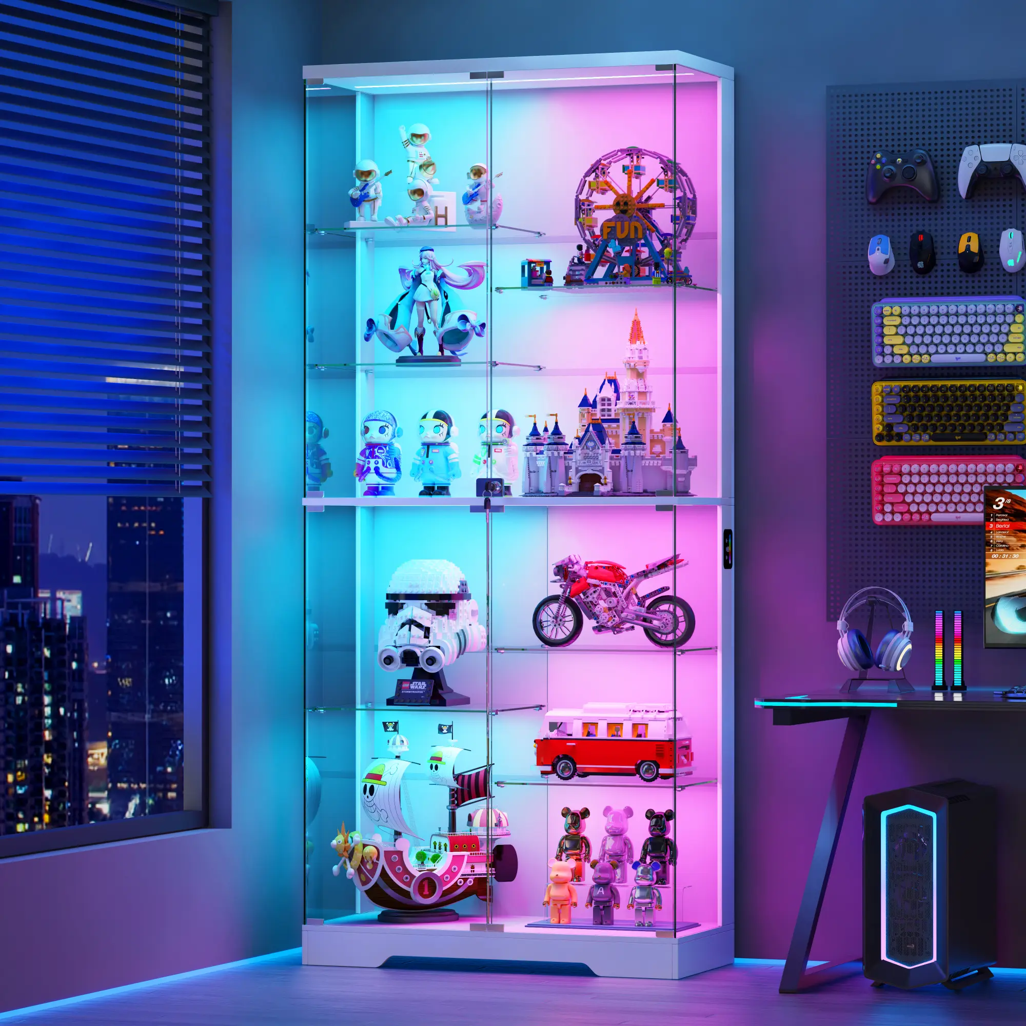 FREDEES 71'' Full-Sized Glass Display Cabinet - Lockable Shelf Cabinet, 10-Tier Multi-Item Curio with RGB Lights, Human Body Sensor, Lockable Collectibles Showcase, Shelf Glass Cabinets, Lock-Mounted Glass Cabinets