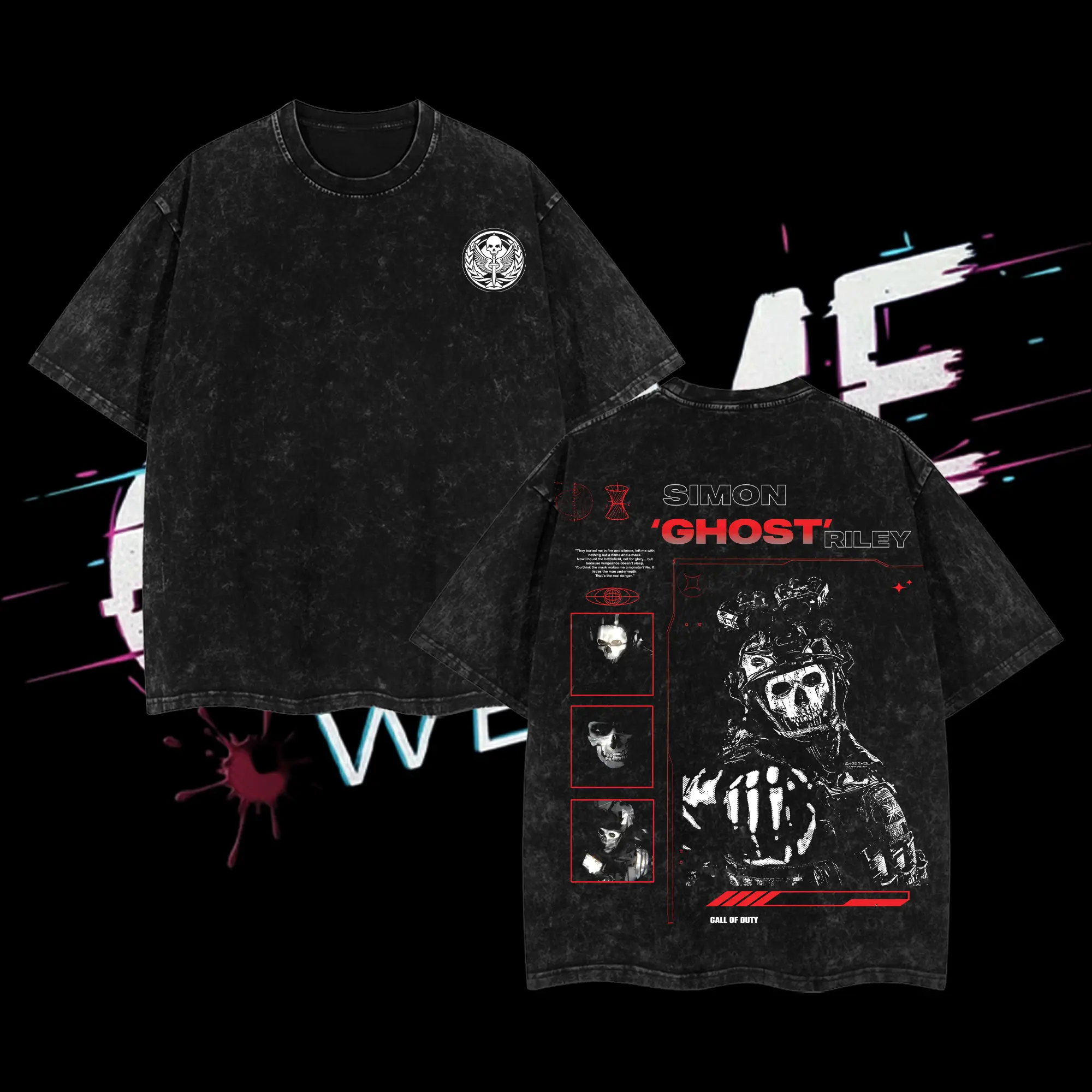 Ghost COD Ver 2 Double Printed Oversize Lightweight Acid Washed Tee Game Graphic T-Shirt for Men Casual Day Wear Cotton Fabric - Jeans Vintage Gaming Retro Black Tee Oversized Heavyweight Cotton T-Shirts Love Menswear