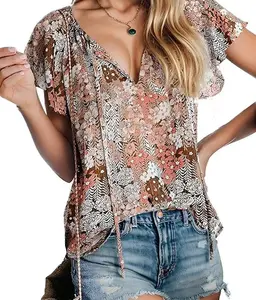 Zeagoo Women Summer Floral Print Tops Casual Short Sleeve V Neck Shirts Business Dressy Work Navy S-5XL