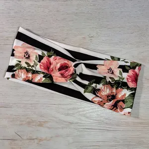 Muted Red Rose w/Black and White Stripes Knotems Pre-Tied Headwrap Headbands for Women & Girls