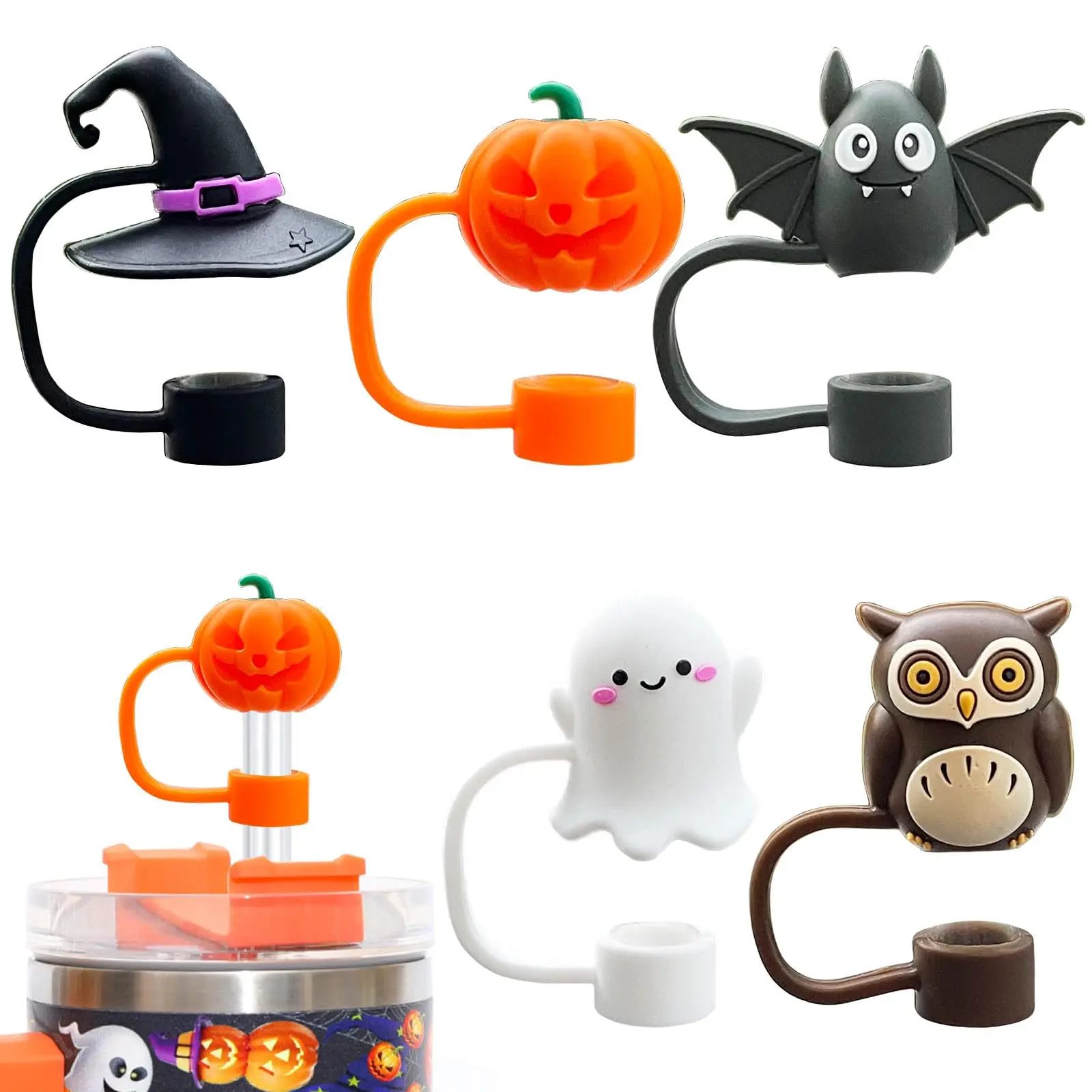 5PCS Halloween Silicone Straw Covers, 10mm Reusable Straw Toppers with Dustproof Caps for 30 & 40 Oz Tumblers, Pumpkin, Ghost, Bat & Witch Designs