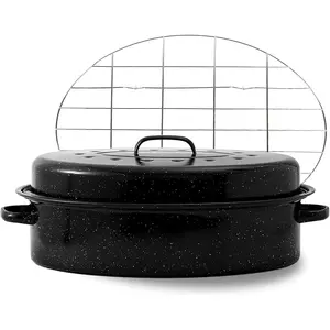 18" Oval Large Roasting Pan Set with Lid and Iron Rack Enamel Granite Cookware Dishwasher & Oven Compatible Roaster
