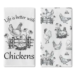 Farmhouse Live is Better with Chickens Kitchen Dish Towels Set of 2, Vintage Farm Rooster Hen Drying Hand Towel Baking Cooking Cloth, Rustic Country Eggs Floral Bathroom Home Decor 18'' x 26''