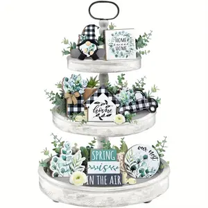 Spring Layered Tray Decor Set, Farmhouse Eucalyptus Tray Decoration, Spring Dwarf Wreath Buffalo Plaid Mason Jar Truck Wooden Sign