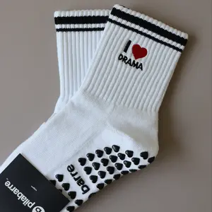 I LOVE DRAMA Grip Socks - fun pilates socks - fun barre socks- Non-Slip Heart Grips - classic white grip socks with black details - gift for drama queen