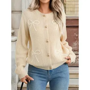 Elegant Bow Embroidery Round Neck Single Button Cardigan Sweater for Women, High-Quality Versatile Knitwear, Perfect for Export