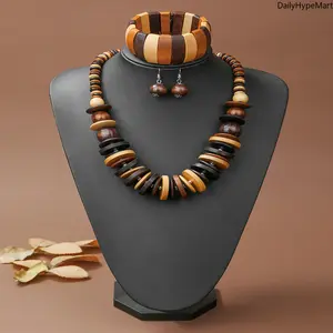 2-Piece Wooden Bead Geometric Earring & Choker Necklace Set - Retro Layered Style, Ideal Anniversary Gift for Women