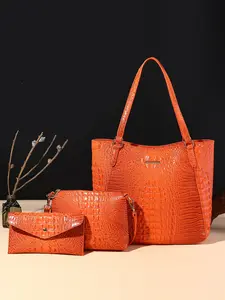 3pcs/Set Crocodile Embossed Tote Bag with Pouch & Envelope Wallet, Orange Shoulder Purse Set for Women Daily & Work